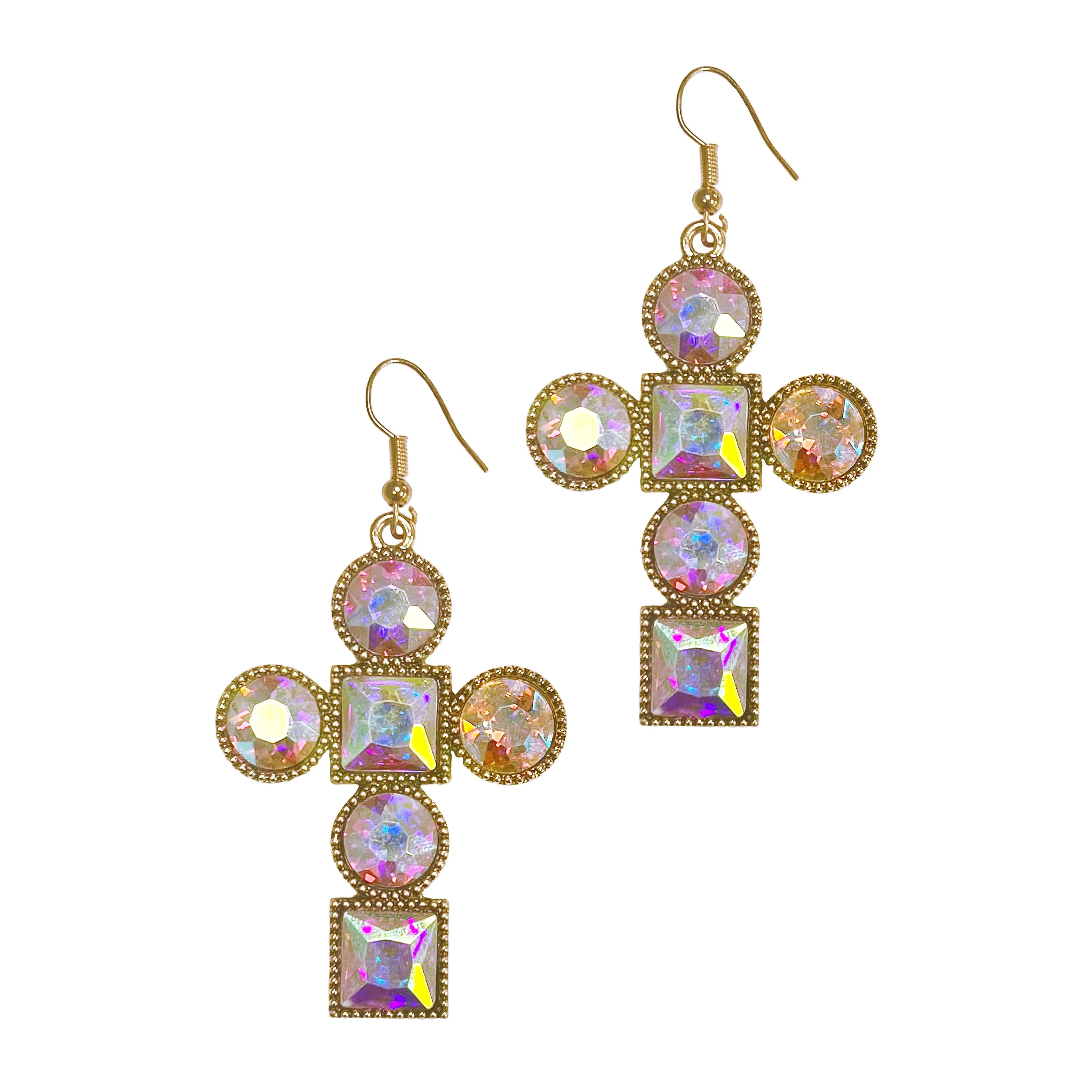 Crystal Cross Earrings in Gold