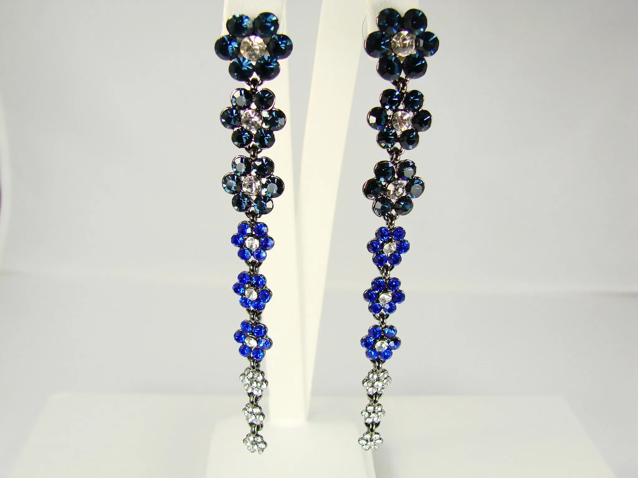 Crystal Flower Drop Earrings White and Blue Crystal Flowers