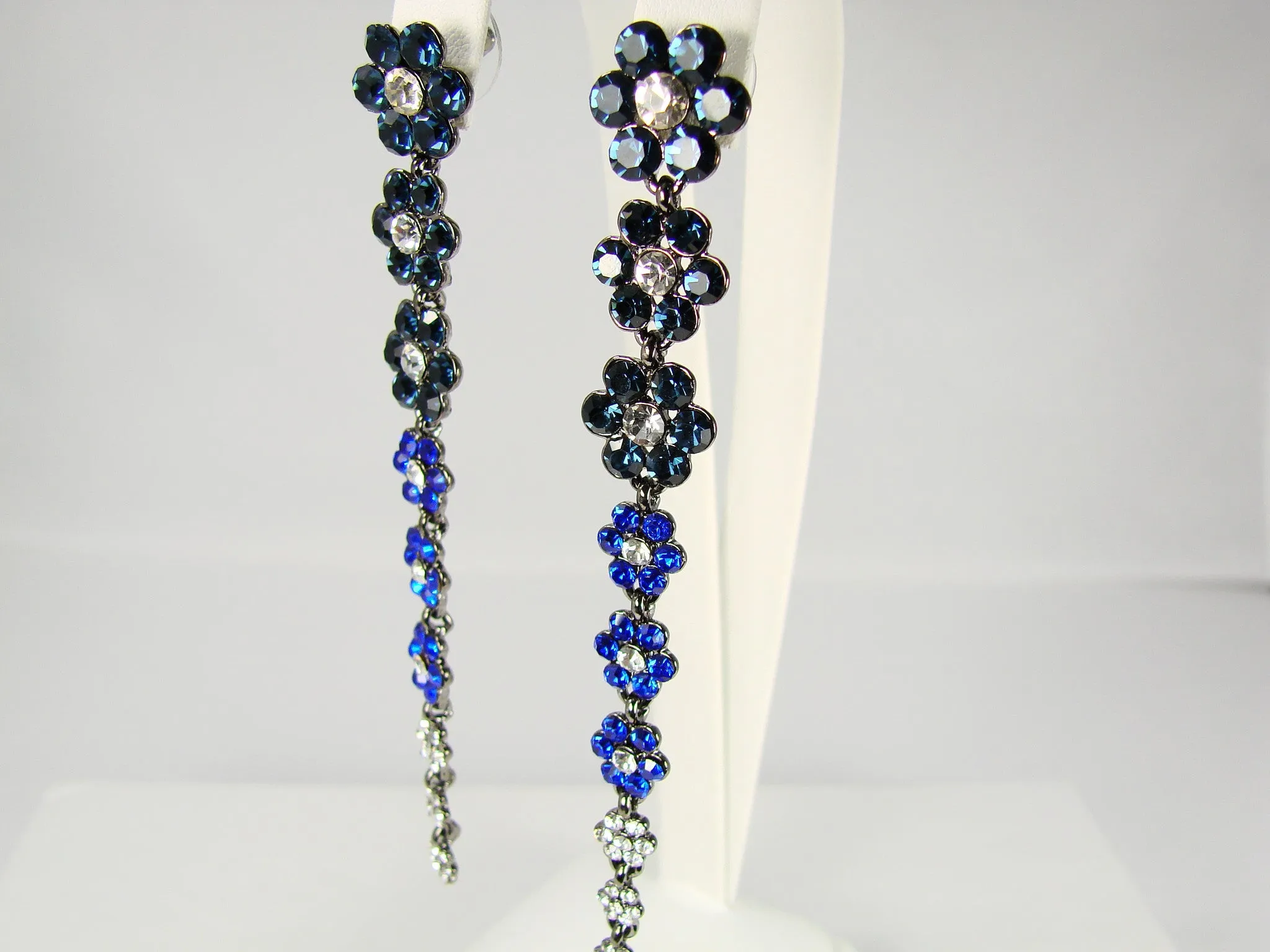 Crystal Flower Drop Earrings White and Blue Crystal Flowers