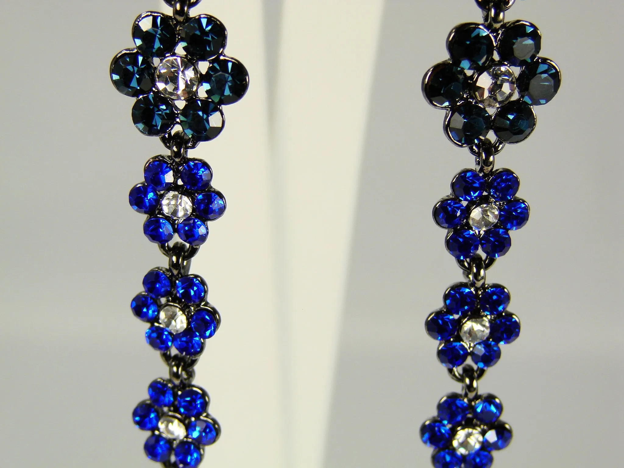 Crystal Flower Drop Earrings White and Blue Crystal Flowers