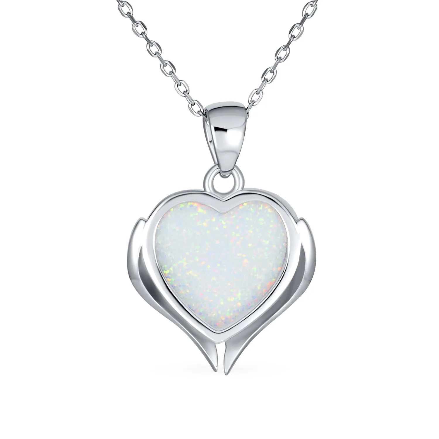 CZ Heart Shape White Opal Guardian Angel Wings Necklace .925 Sterling Silver