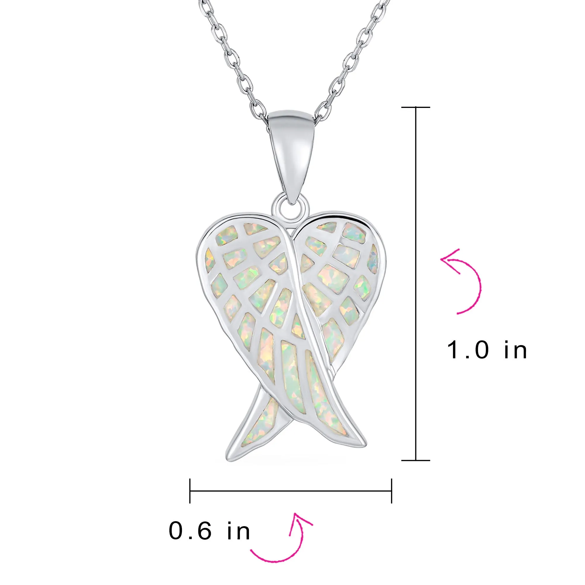 CZ Heart Shape White Opal Guardian Angel Wings Necklace .925 Sterling Silver