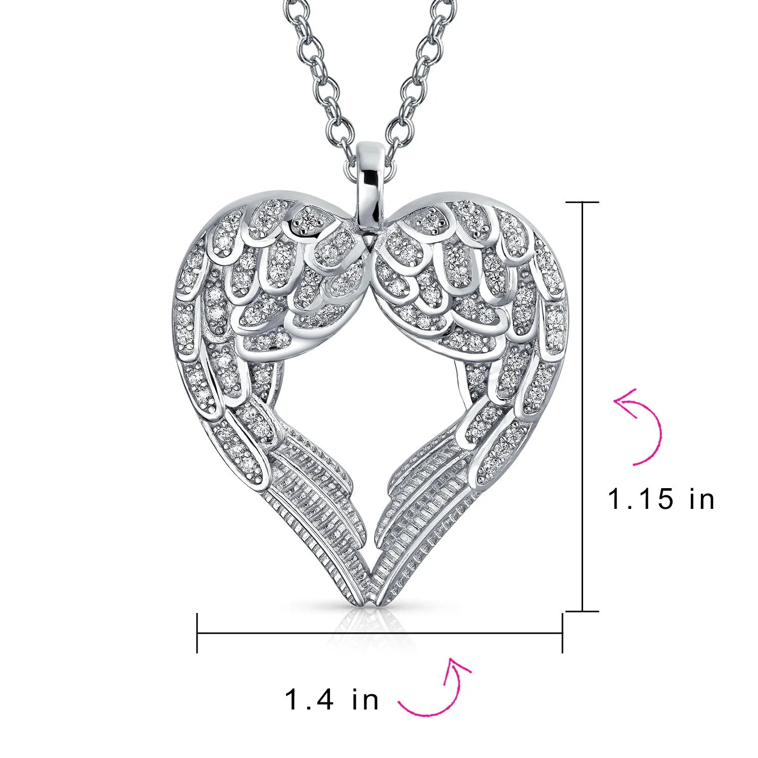 CZ Heart Shape White Opal Guardian Angel Wings Necklace .925 Sterling Silver