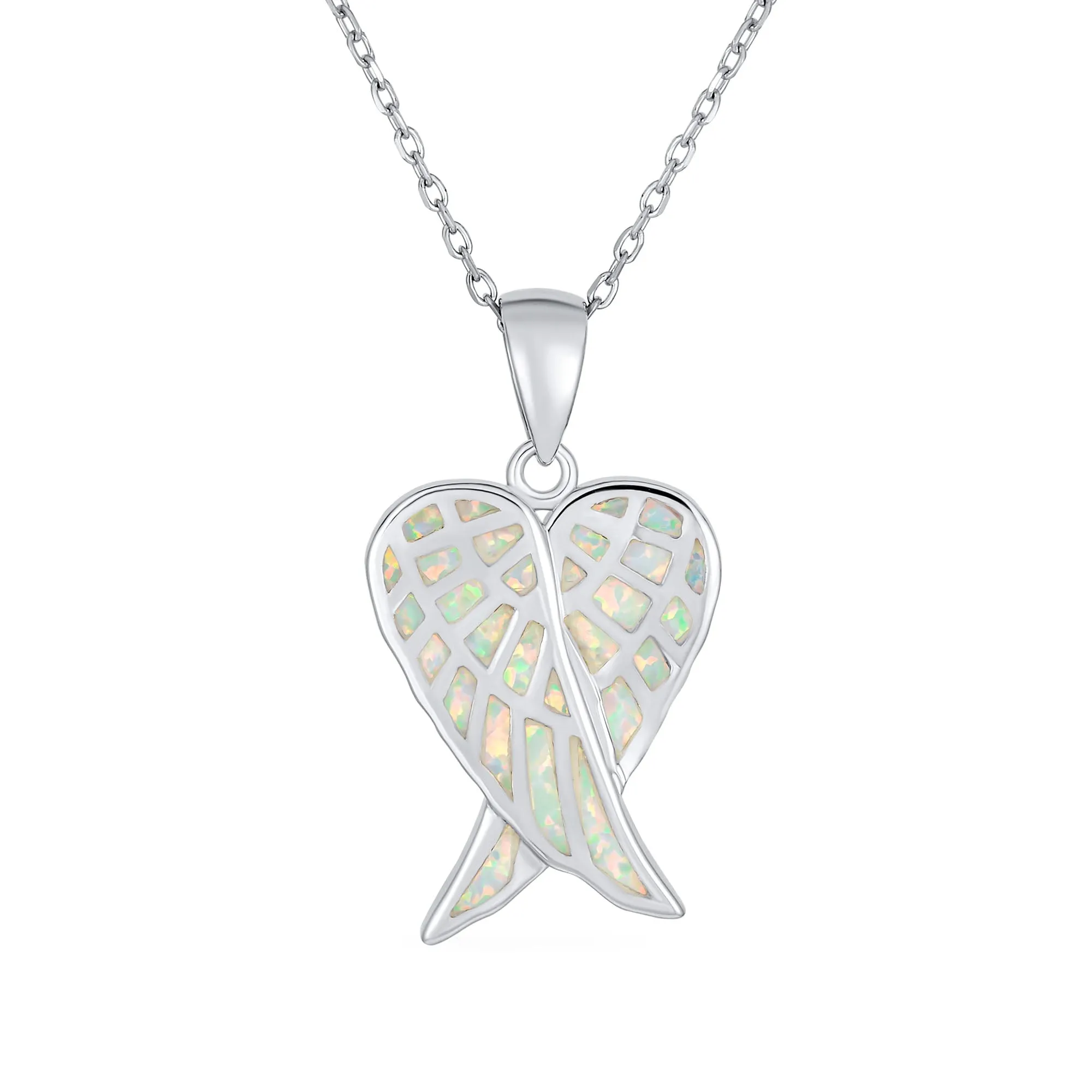 CZ Heart Shape White Opal Guardian Angel Wings Necklace .925 Sterling Silver