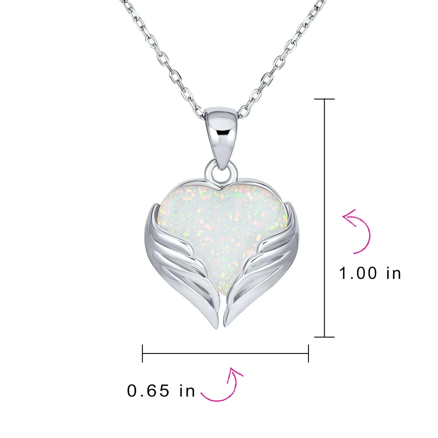 CZ Heart Shape White Opal Guardian Angel Wings Necklace .925 Sterling Silver