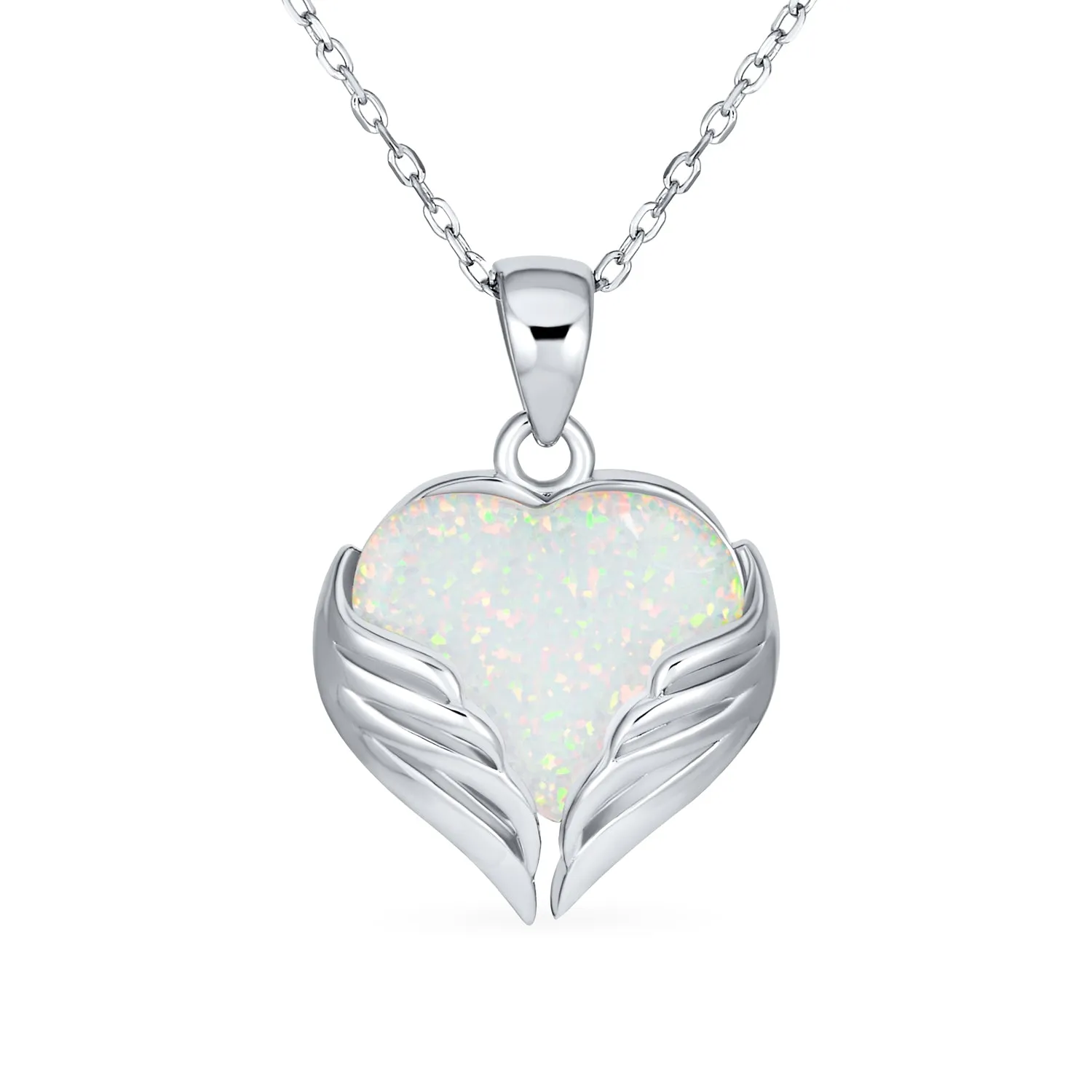 CZ Heart Shape White Opal Guardian Angel Wings Necklace .925 Sterling Silver