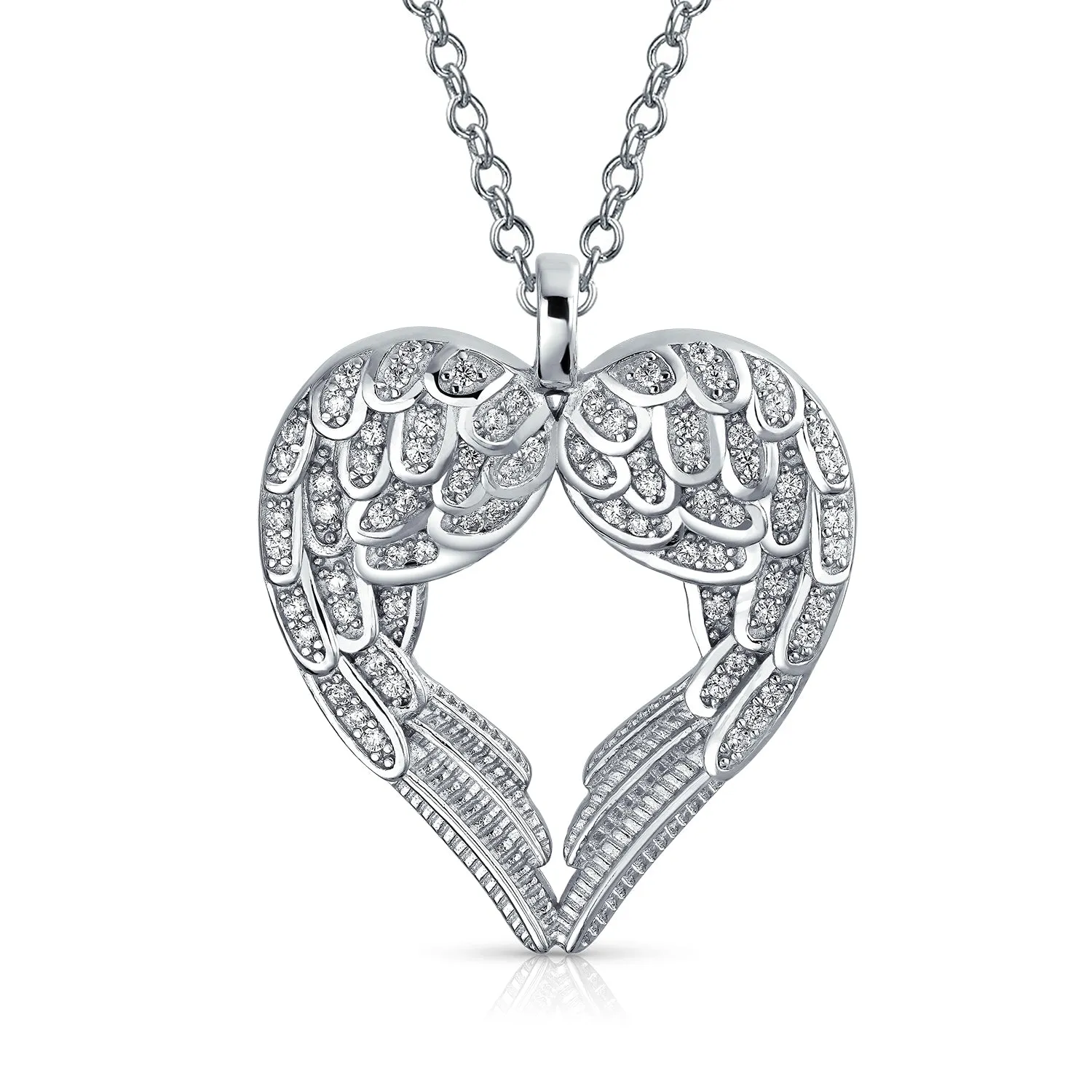 CZ Heart Shape White Opal Guardian Angel Wings Necklace .925 Sterling Silver