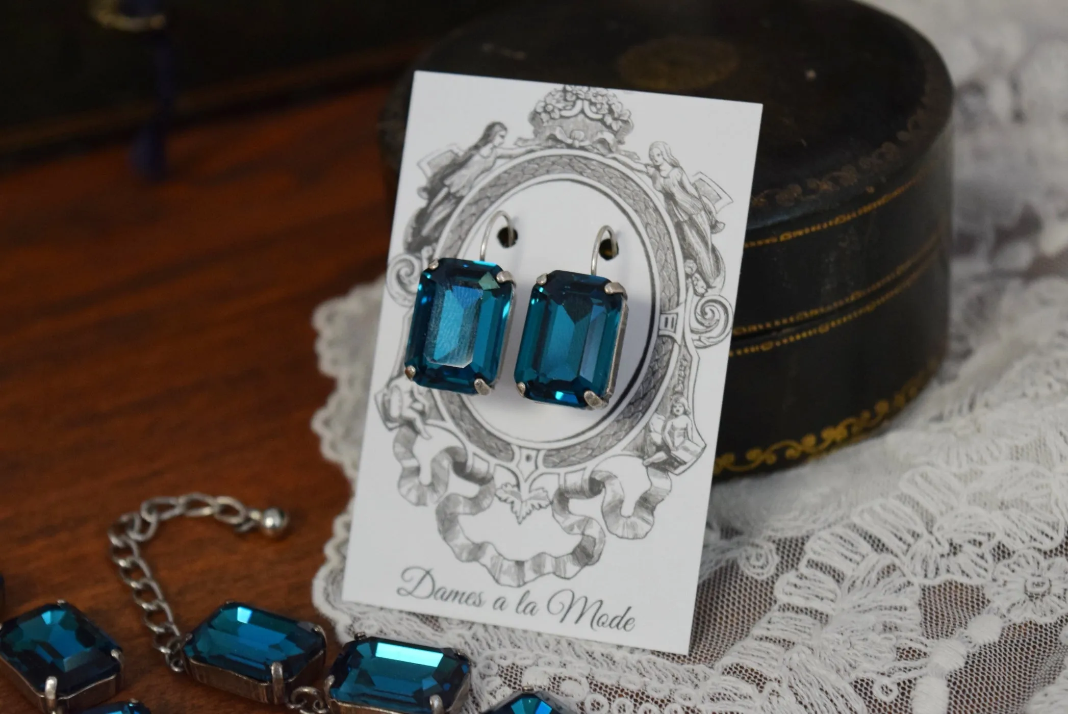 Dark Teal Blue Aurora Crystal Earrings - Large Octagon