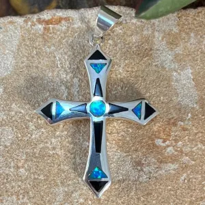 David Rosales Black Beauty Inlaid Sterling Silver Pendant Cross