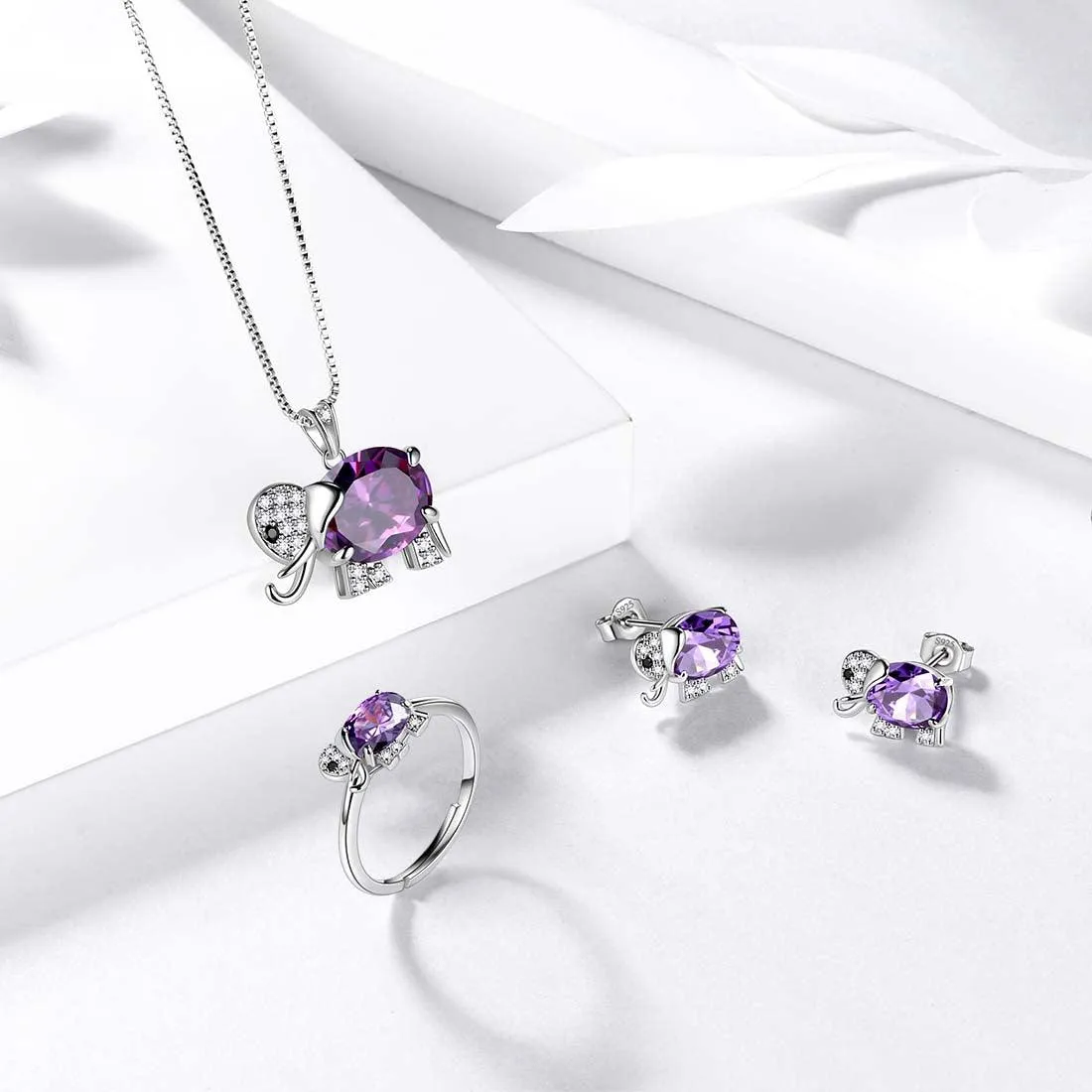 Elephant Birthstone February Amethyst Ring Pendant Women Girls Jewelry Birthday Gift