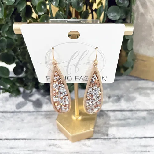 Elongated Peachstone & Silver Crystal Gold Drop Earrings