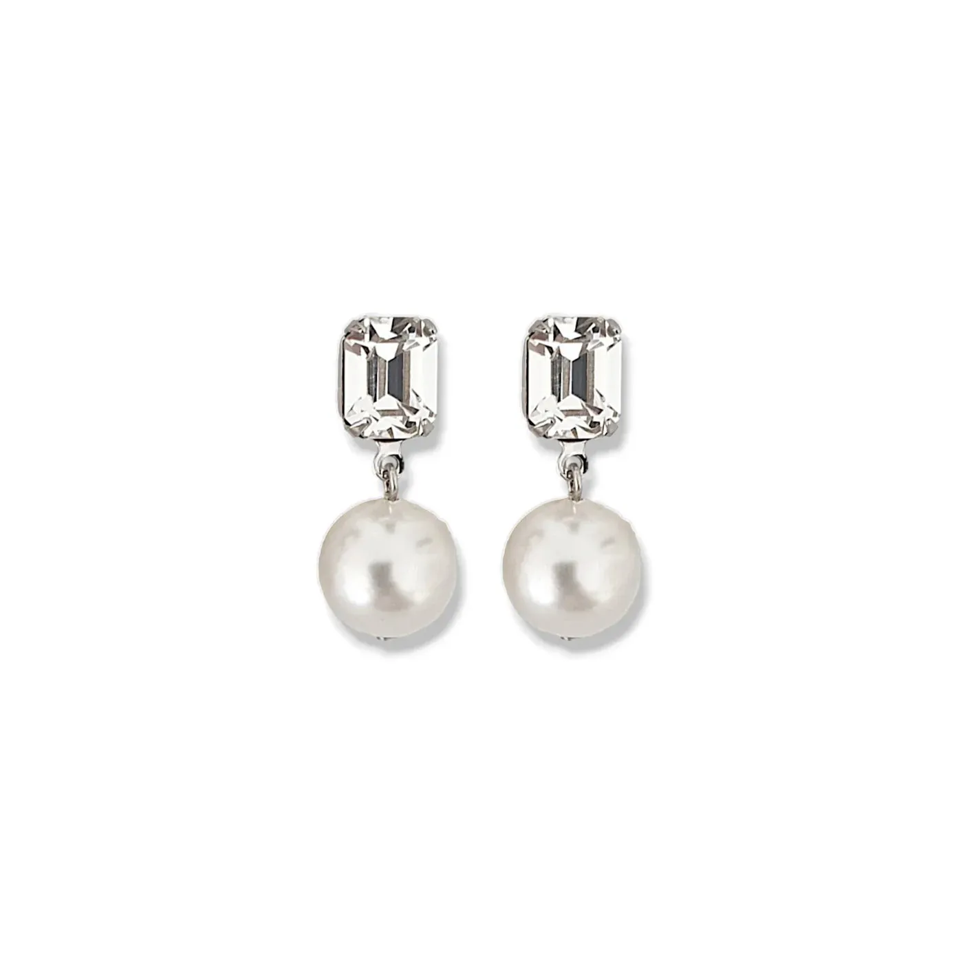 Emerald Cut Pearl Drop Earrings - Rhodium Plated