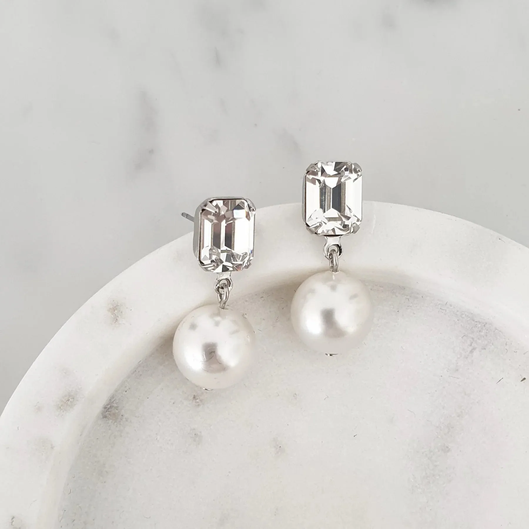 Emerald Cut Pearl Drop Earrings - Rhodium Plated