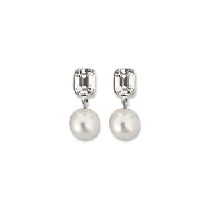 Emerald Cut Pearl Drop Earrings - Rhodium Plated