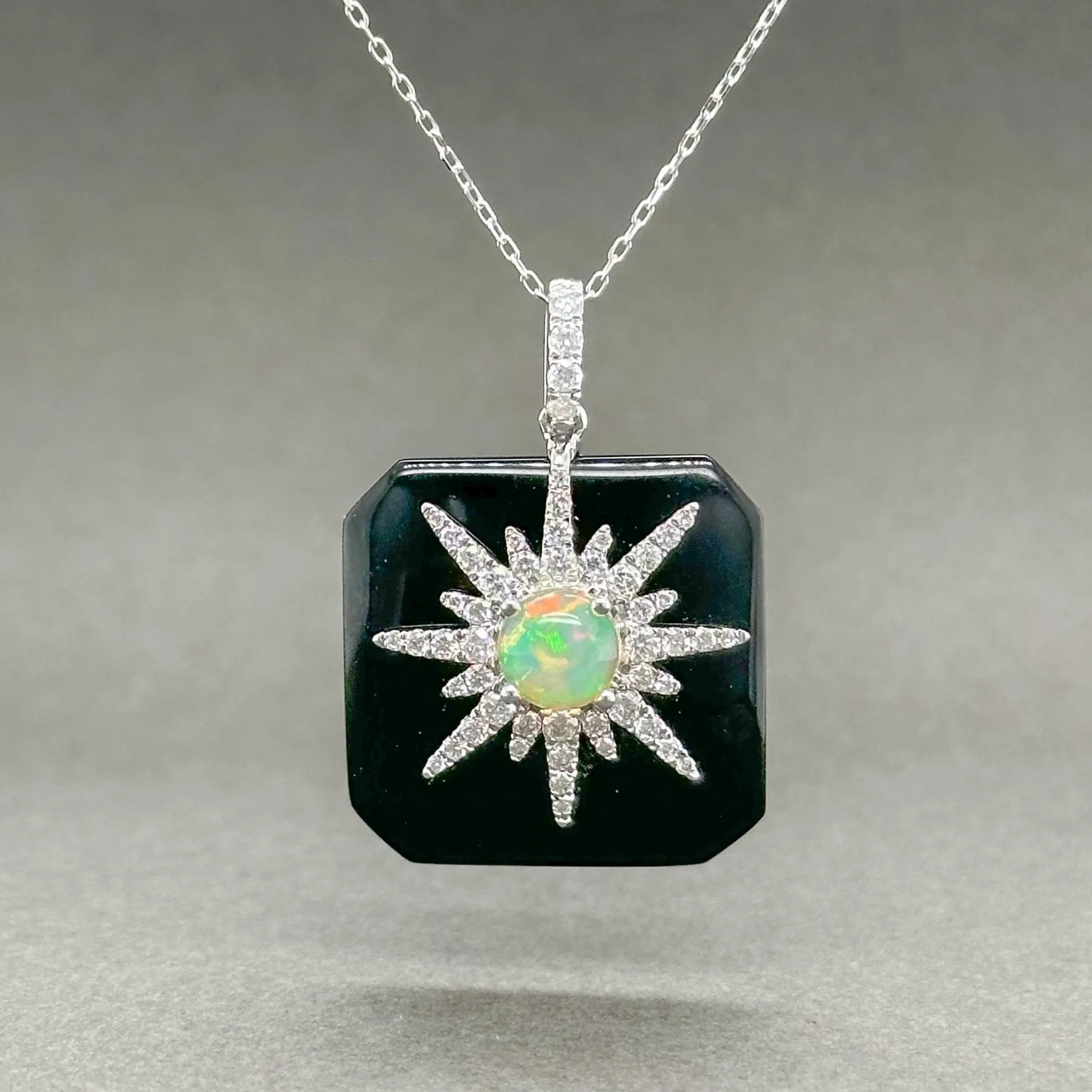 Estate Cirari 14K W Gold 9.24ct Onyx, 0.69ct Opal, & 0.47ctw H/SI1-2 Diamond Pendant