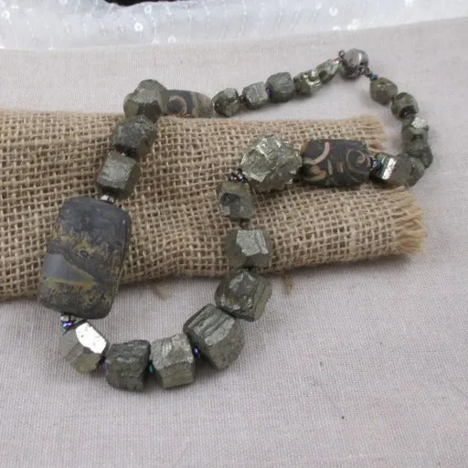 Exotic Gemstone Pyrite Necklace with  Picture Jasper Accents