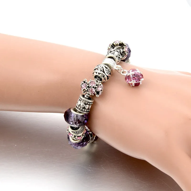 Fashion 925 Silver Crystal Charm Bracelets for Women With Purple Murano Glass Beads bracelets & bangles Love DIY Jewelry Bracelet