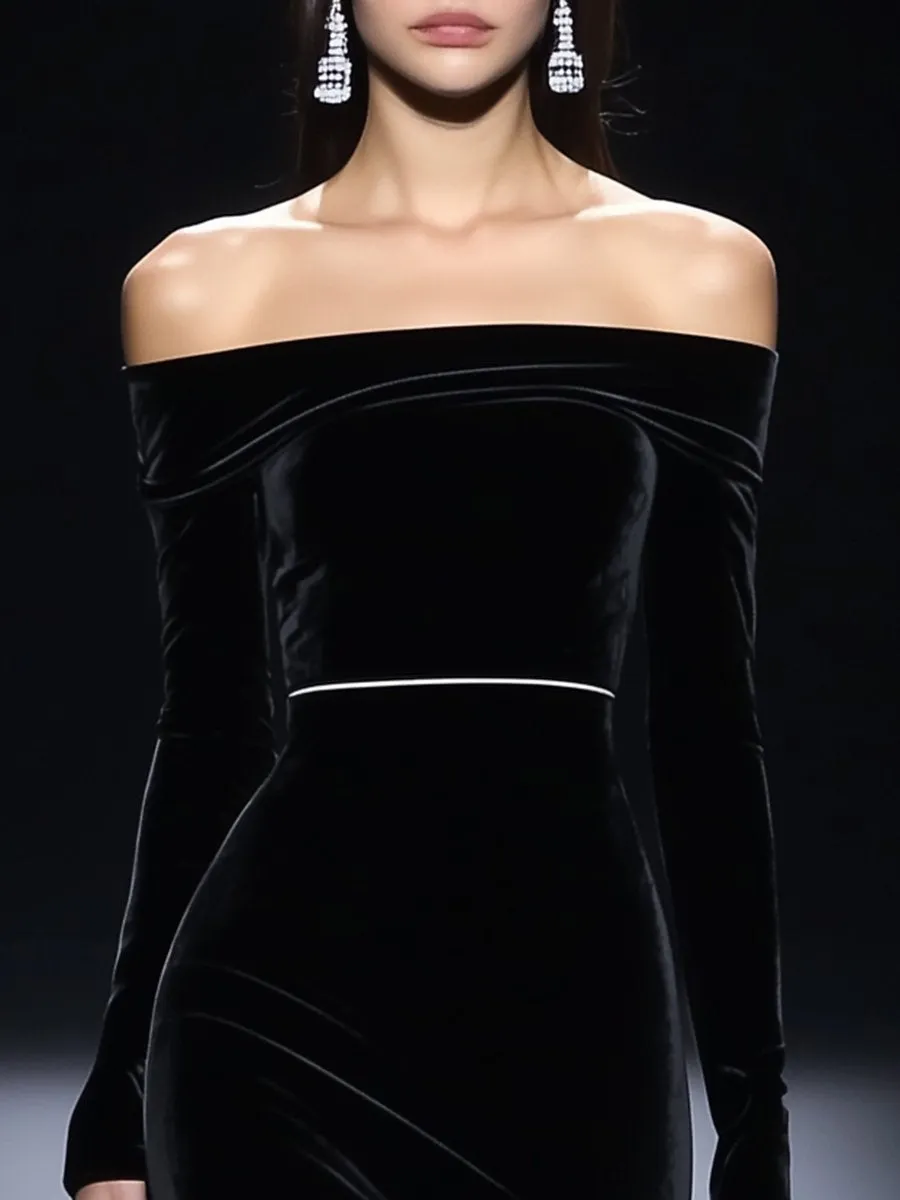 Fashionable and Elegant Black One-shoulder Velvet Maxi Dress