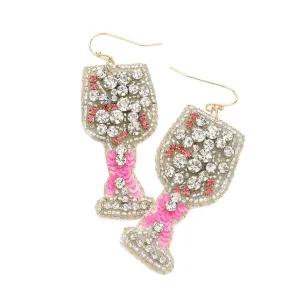 Felt Back Sequin Pink Ribbon Pointed Stone Wine Earrings