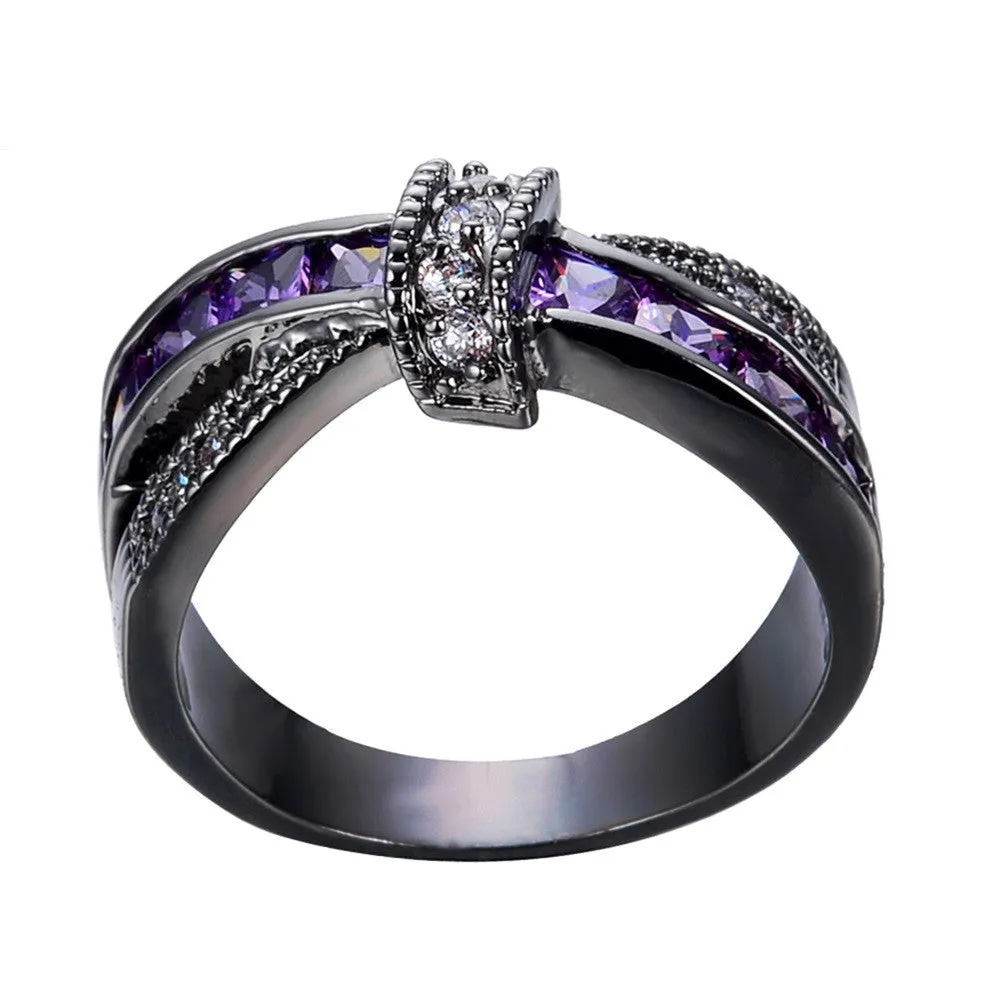 Female Purple Cross Ring Fashion White & Black Gold Filled Jewelry Vintage Wedding Rings For Women Birthday Stone Gifts