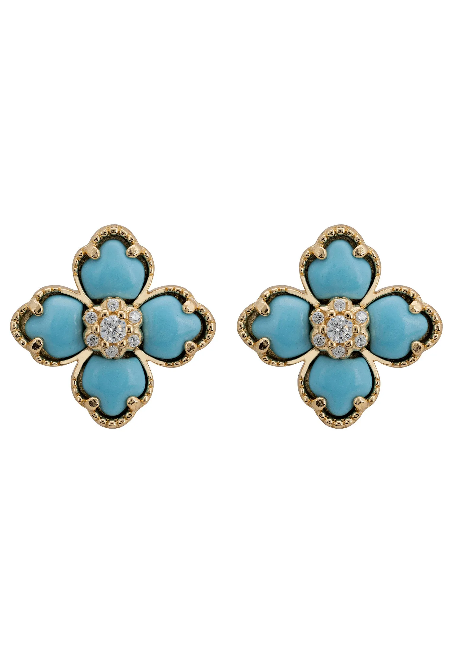 Flower Clover Turquoise Stud Earrings Gold