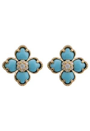 Flower Clover Turquoise Stud Earrings Gold