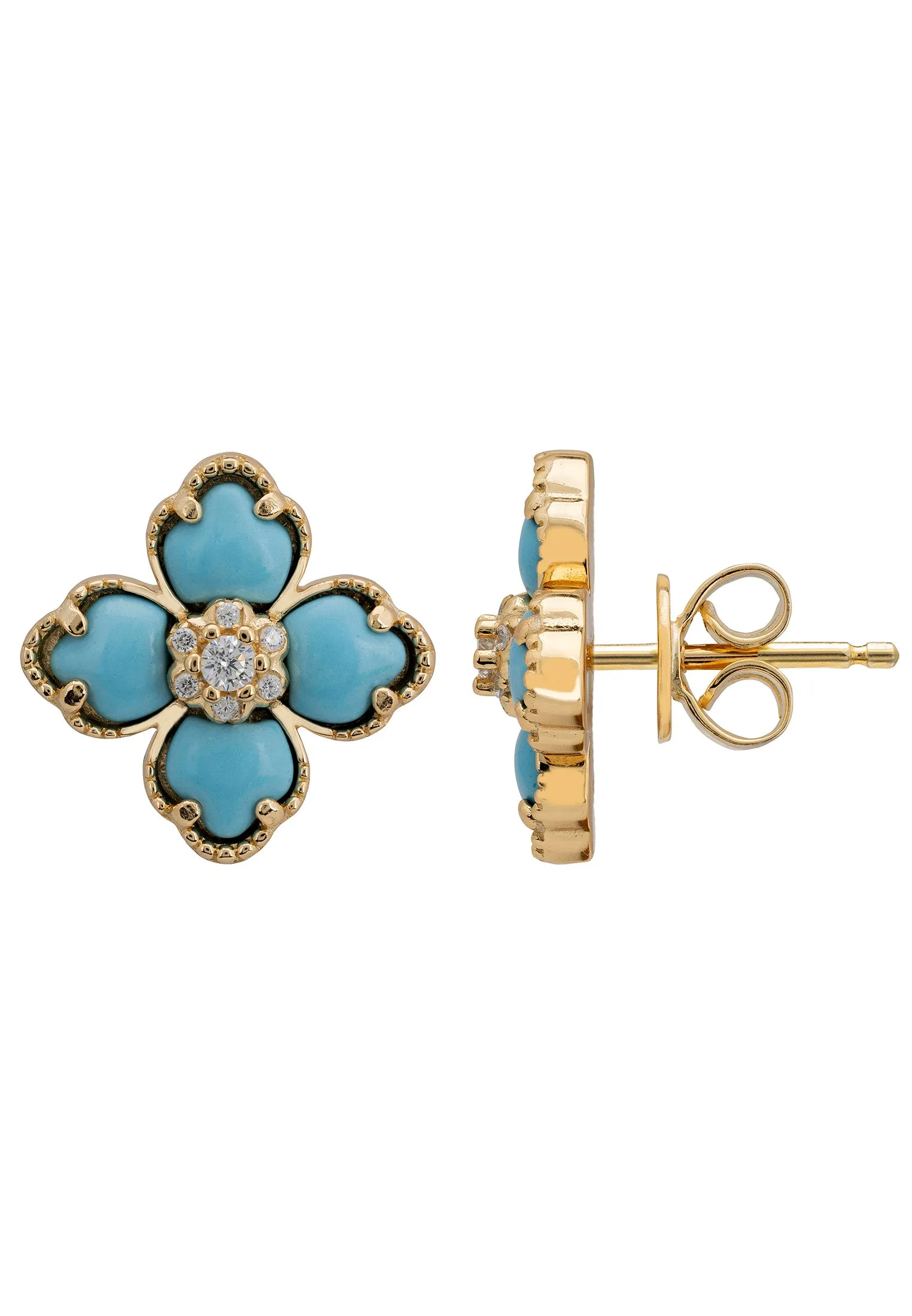 Flower Clover Turquoise Stud Earrings Gold