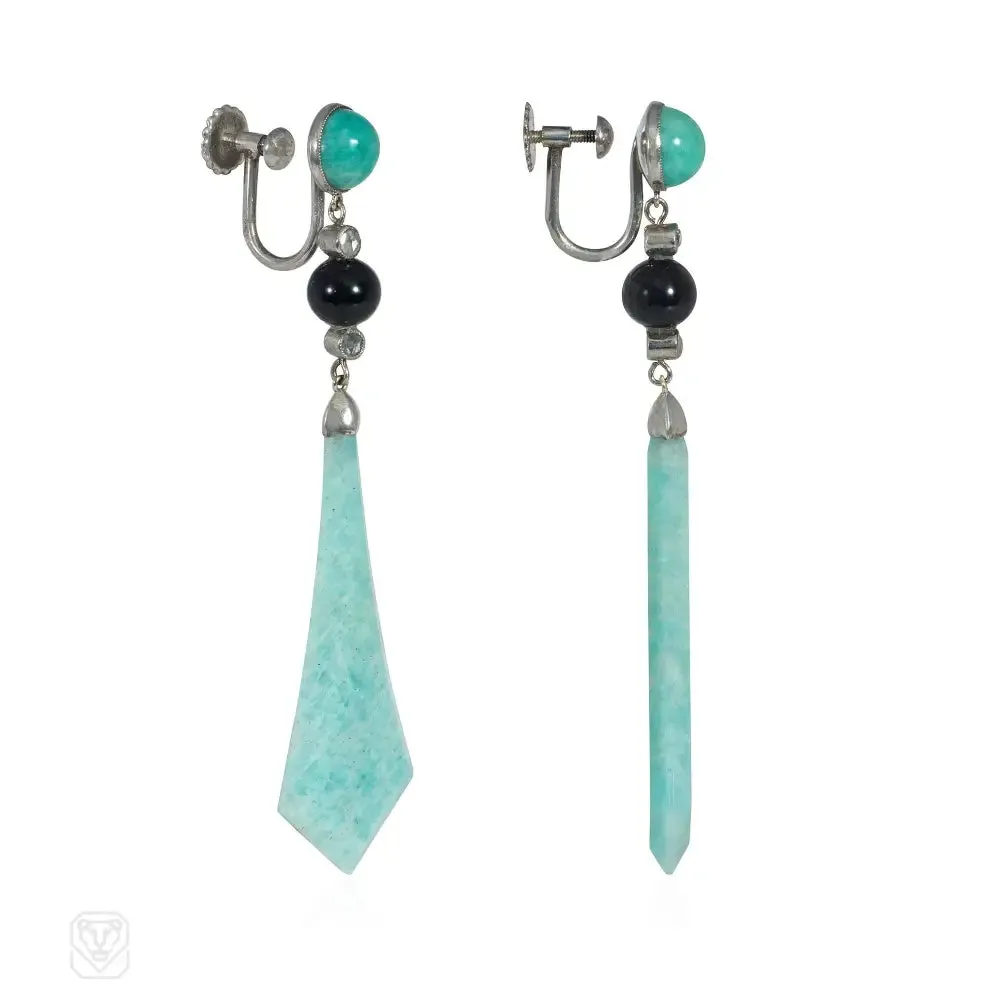 French Art Deco amazonite, onyx and diamond earrings