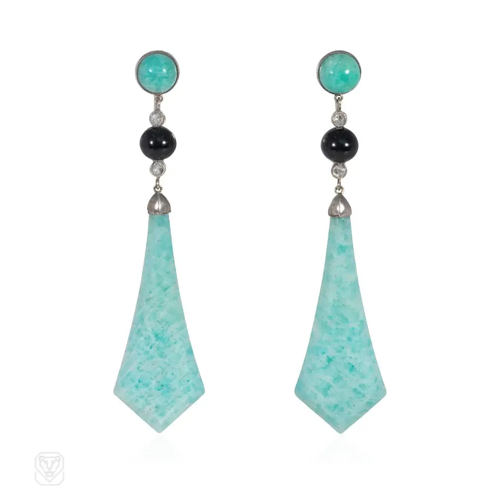 French Art Deco amazonite, onyx and diamond earrings