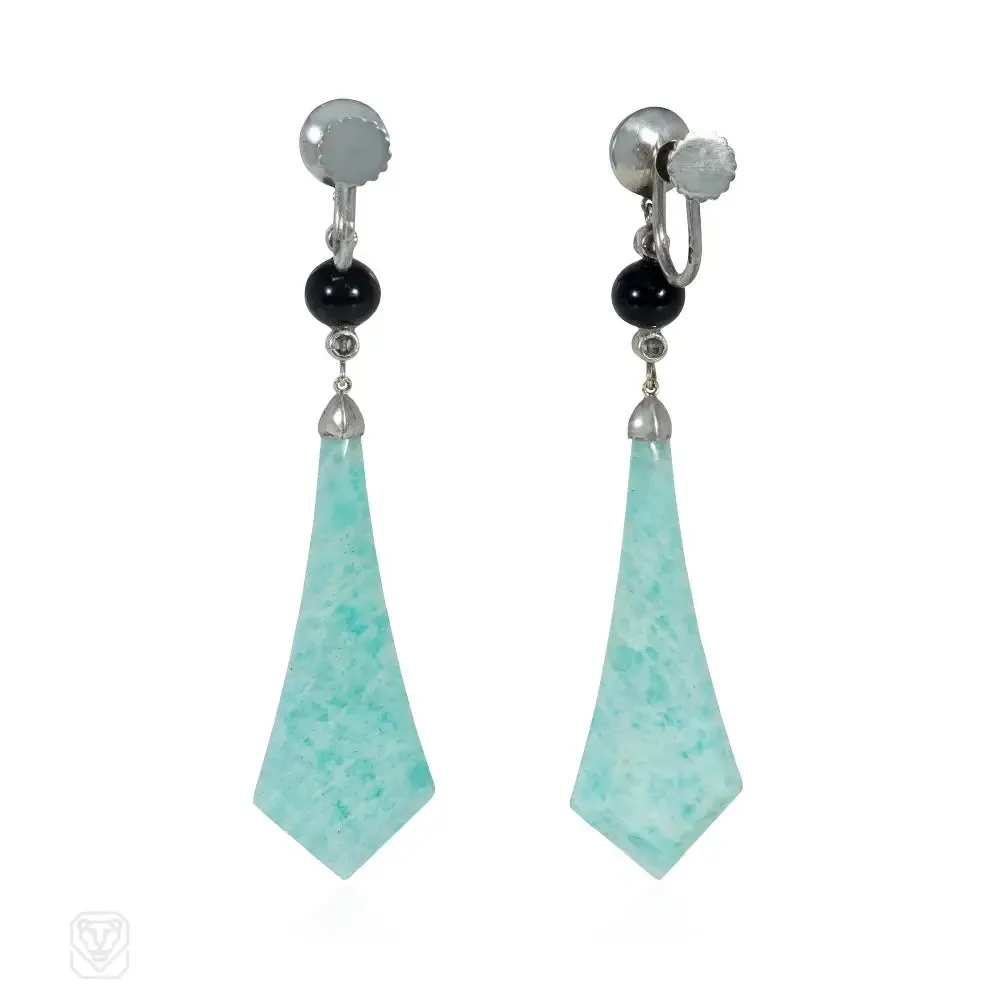 French Art Deco amazonite, onyx and diamond earrings