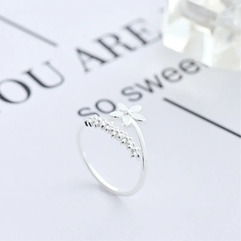 Fresh Flower Silver Color Temperament Personality Literary Fashion Gift Korea Female Resizable Opening Rings SRI172