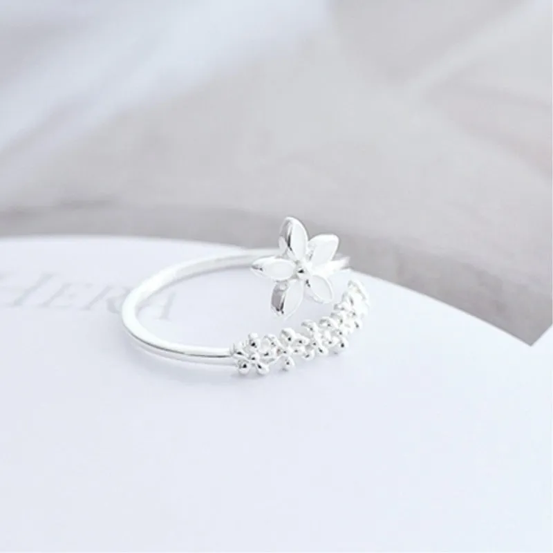 Fresh Flower Silver Color Temperament Personality Literary Fashion Gift Korea Female Resizable Opening Rings SRI172