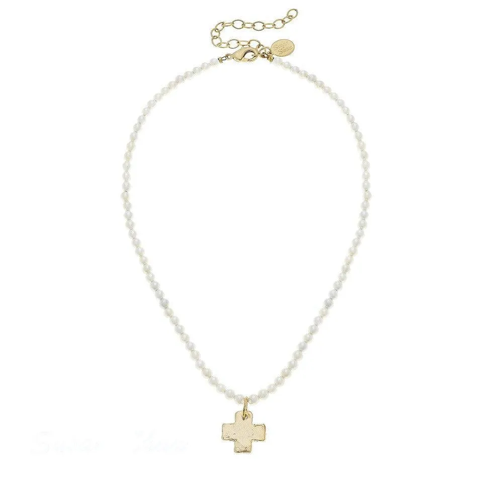 Gold Cross on Pearl Strand