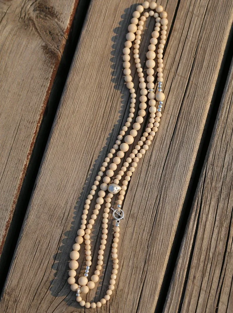 Gradient White Fossil and Silver Bead Long Beaded OT Clasp Necklace