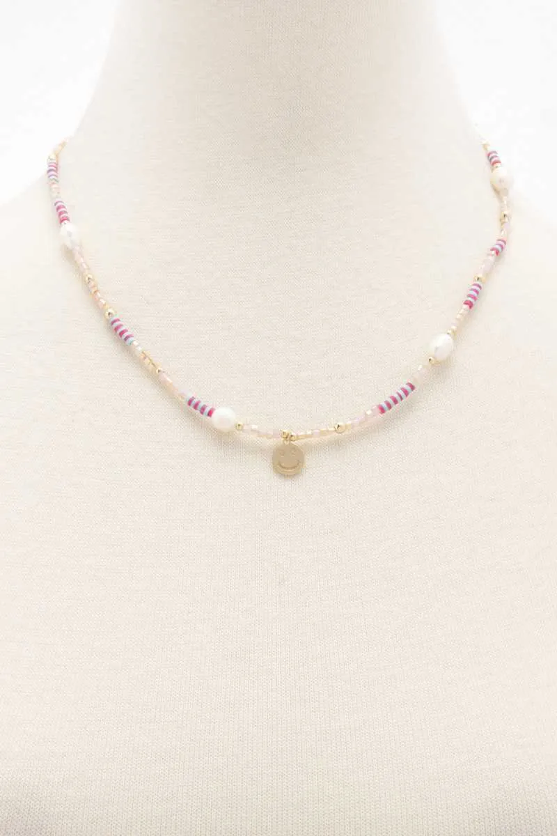 Happy Face Charm Pearl Beaded Necklace