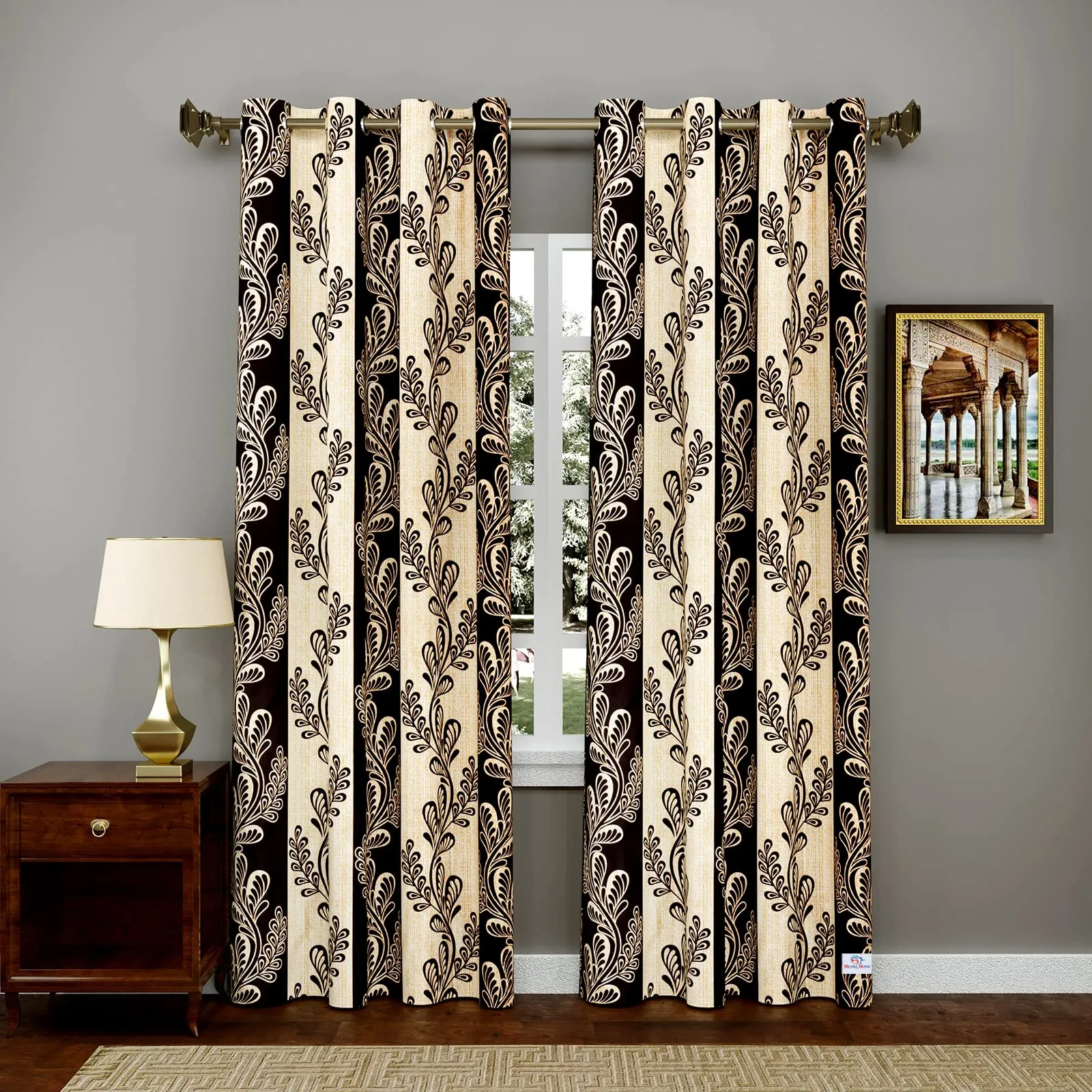 Heart Home Leaf Printed Home Décor Door Curtain with 8 Eyelet, 7 ft- Pack of 2 (Brown)-Hs43Hearth25600(Polyester_Brown)