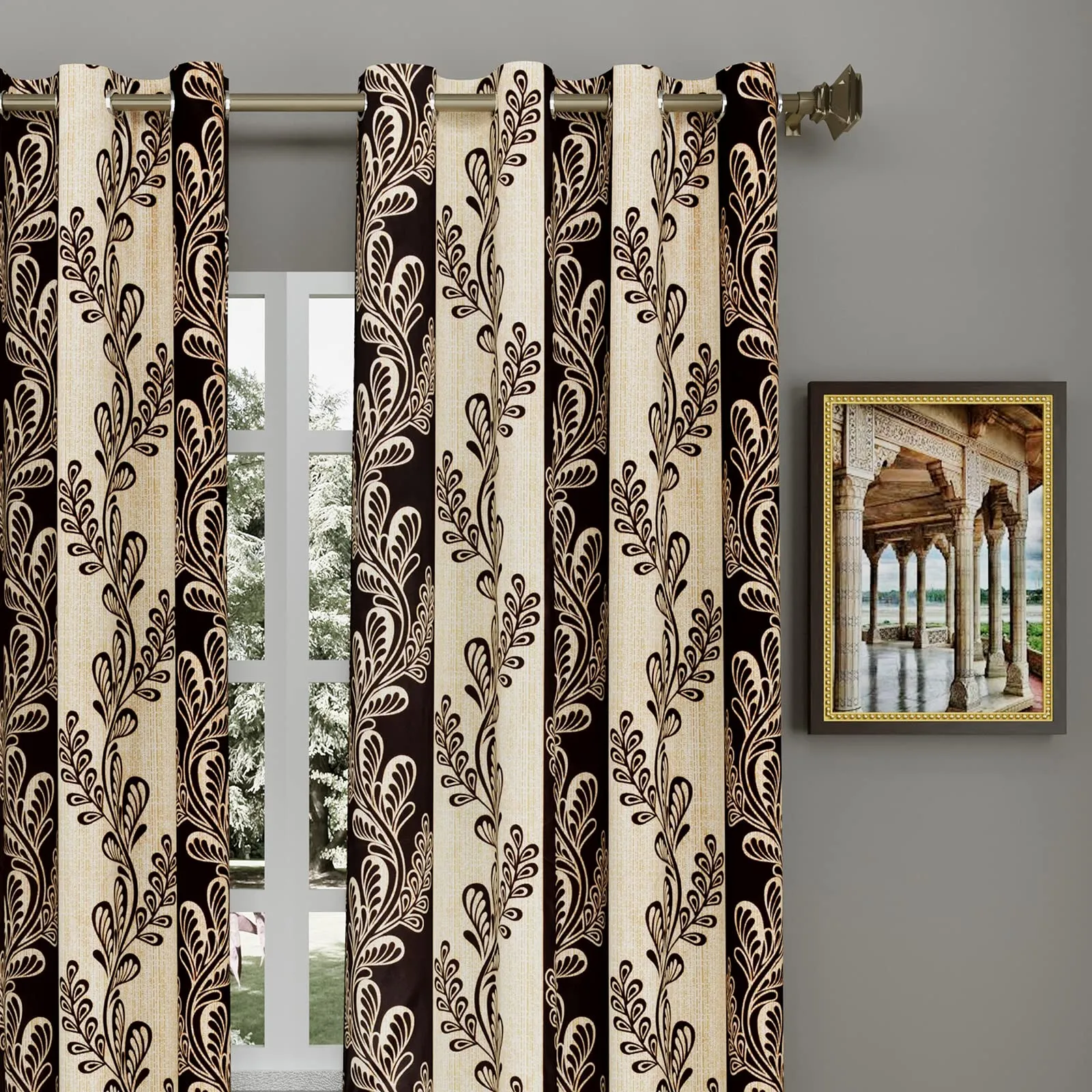 Heart Home Leaf Printed Home Décor Door Curtain with 8 Eyelet, 7 ft- Pack of 2 (Brown)-Hs43Hearth25600(Polyester_Brown)