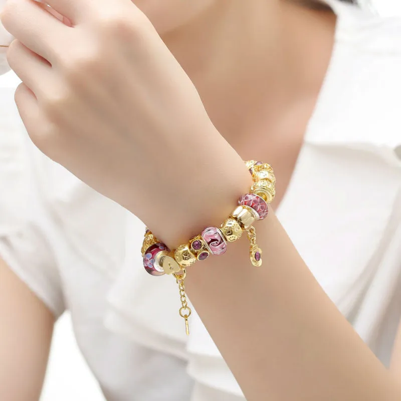 High Quality Gold Charm Bracelet for Women With Exquisite Murano Glass Beads DIY Birthday Gift