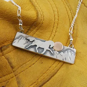 Horse, Mountains, Sun Bar Necklace Sterling Silver and 14k Gold