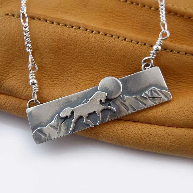 Horse, Mountains, Sun Bar Necklace Sterling Silver and 14k Gold