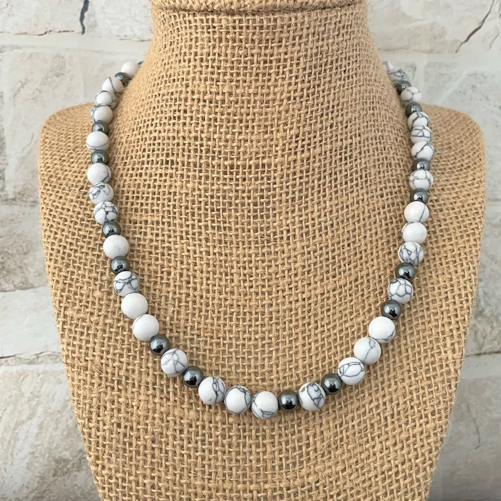 Howlite and Hematite Mens Beaded Necklace