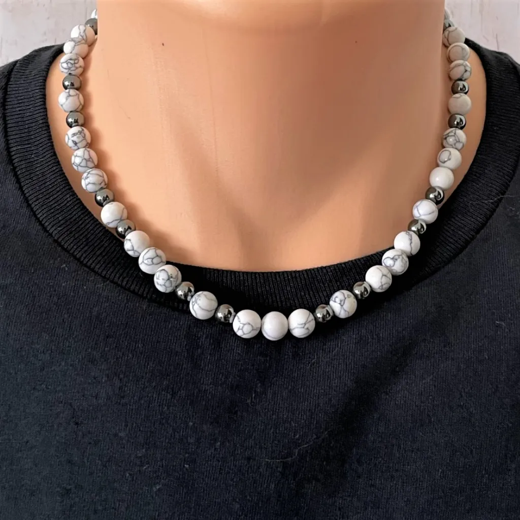 Howlite and Hematite Mens Beaded Necklace