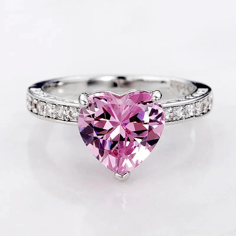 Huitan Luxury Solitaire Women Heart Engagement Rings AAA Pink Cubic Zirconia Proposal Rings For Girlfriend Anniversary Gift