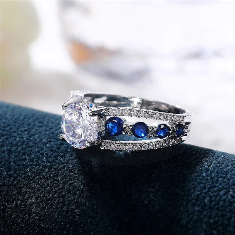 Huitan Special-interest Wedding Rings Women / Blue/White Round CZ Novel Designed Female Party Ring