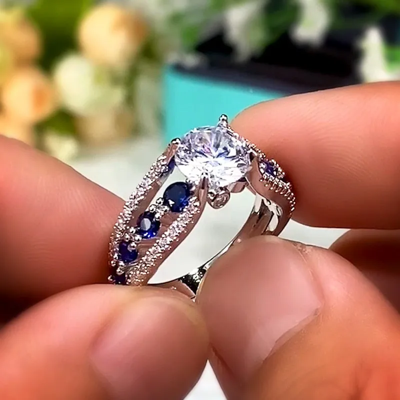 Huitan Special-interest Wedding Rings Women / Blue/White Round CZ Novel Designed Female Party Ring