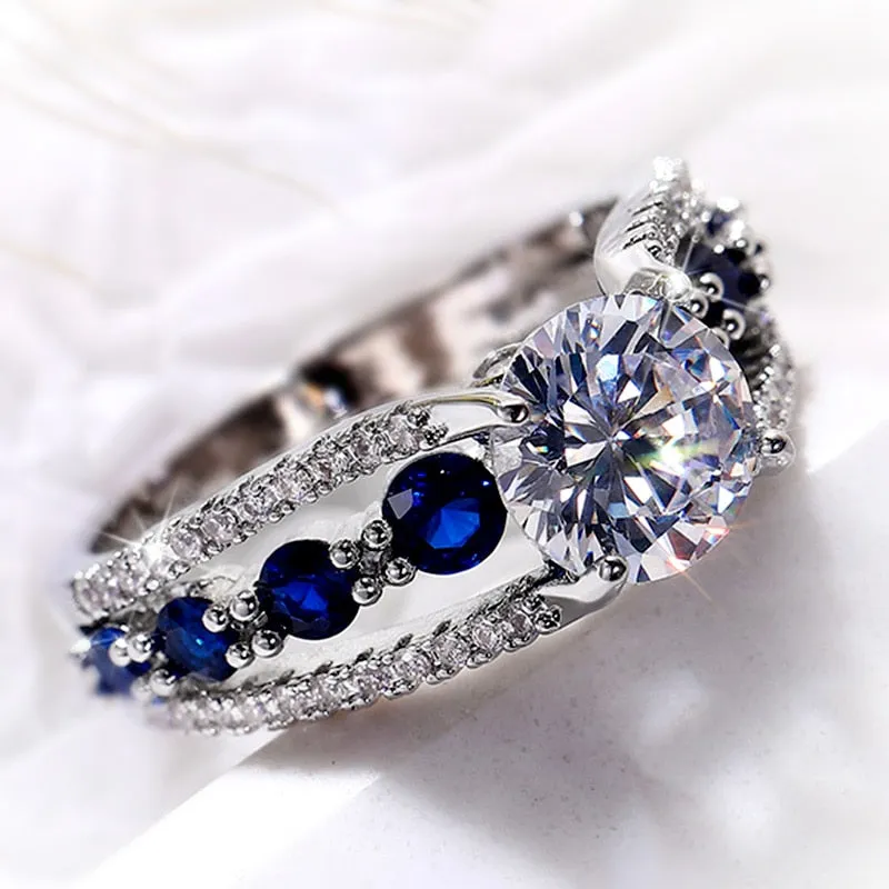 Huitan Special-interest Wedding Rings Women / Blue/White Round CZ Novel Designed Female Party Ring