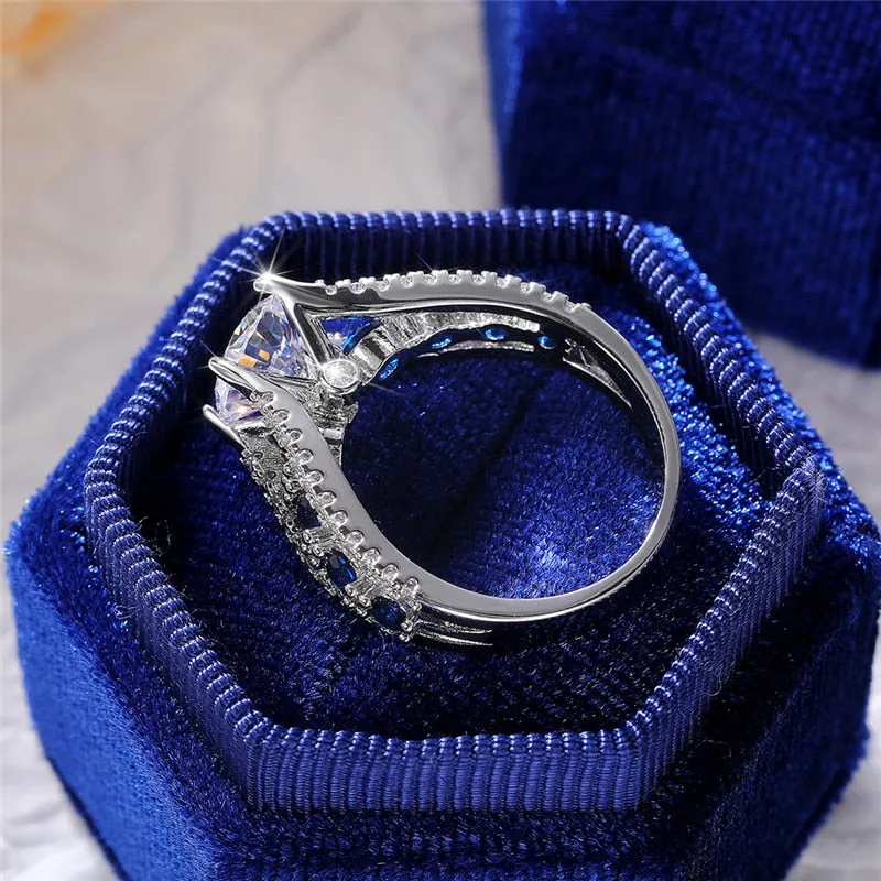 Huitan Special-interest Wedding Rings Women / Blue/White Round CZ Novel Designed Female Party Ring