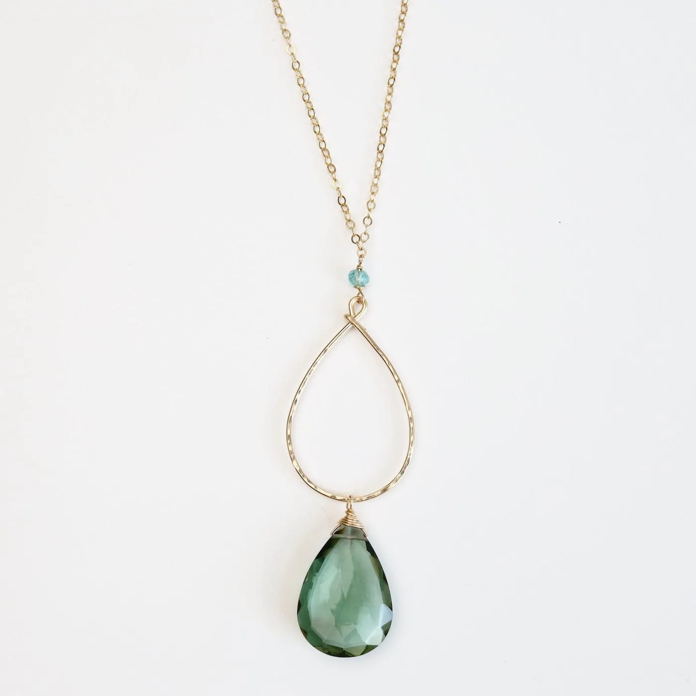 Large Green Amethyst Gold Filled Long Open Teardrop Necklace