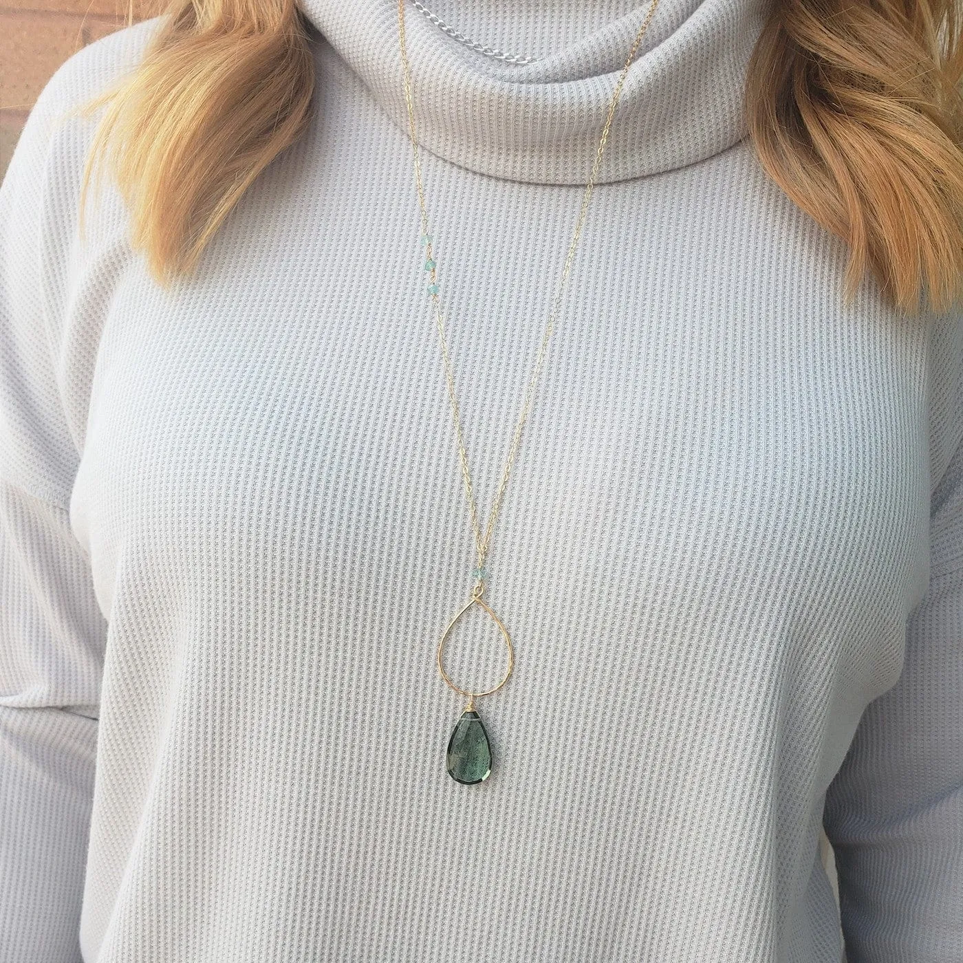 Large Green Amethyst Gold Filled Long Open Teardrop Necklace