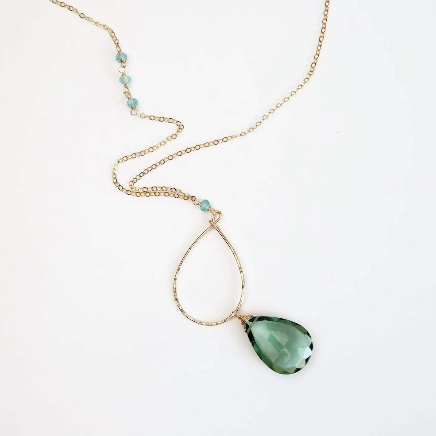 Large Green Amethyst Gold Filled Long Open Teardrop Necklace